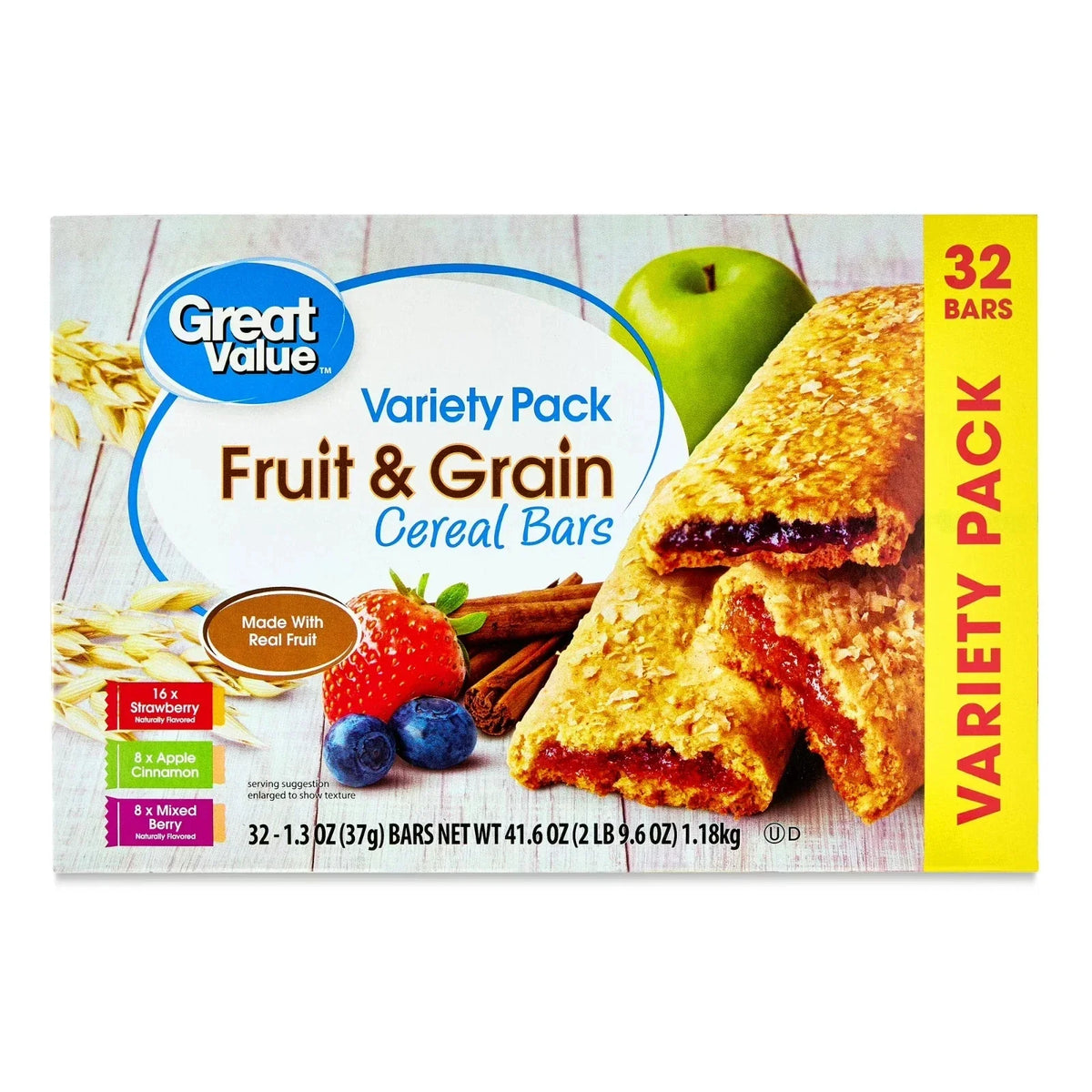Pack of 3 Great Value Fruit & Grain Cereal Bars, Variety Pack, 1.3 oz, 32 Count